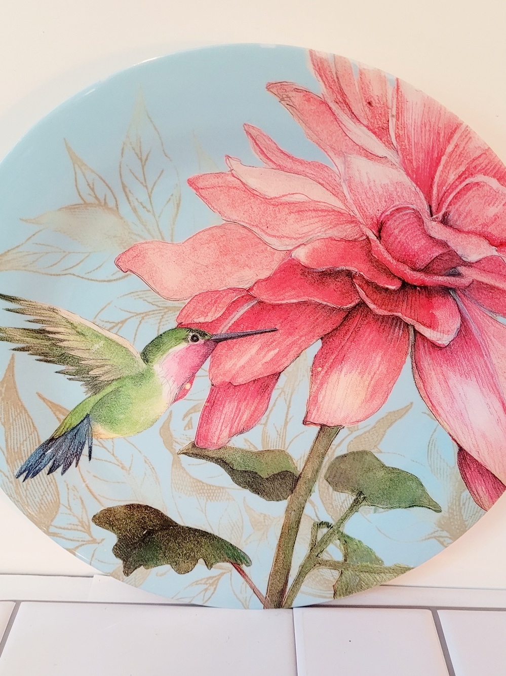 Hummingbird Floral Melamine Dinner Plate Blue Pink